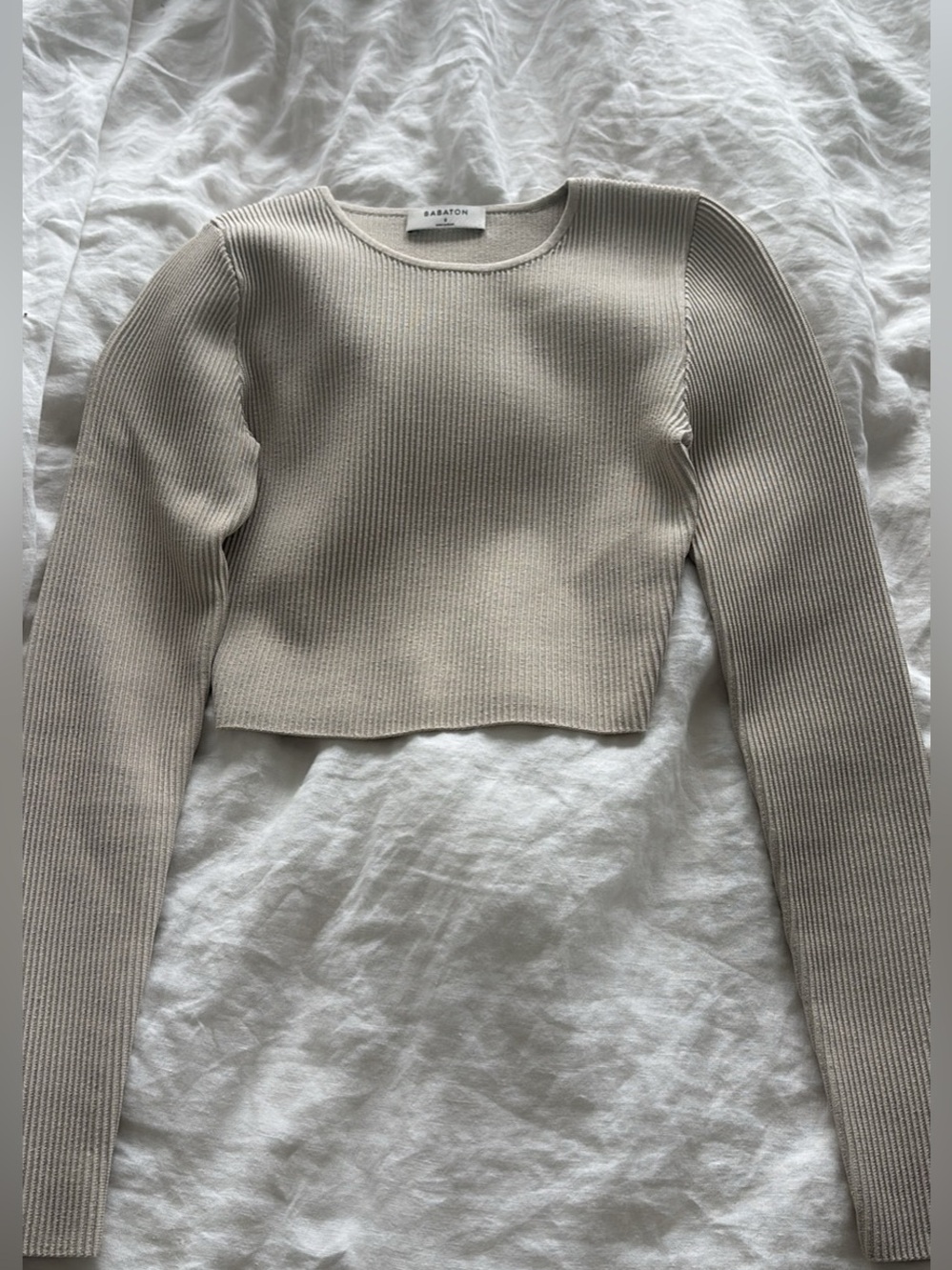 Babaton Cropped Ribbed Long-Sleeve Top in Beige